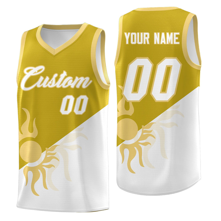 Custom Old Gold White Radiant Sun Design Two Tone Drapable Uniform Basketball Jersey | BuyFootballJersey
