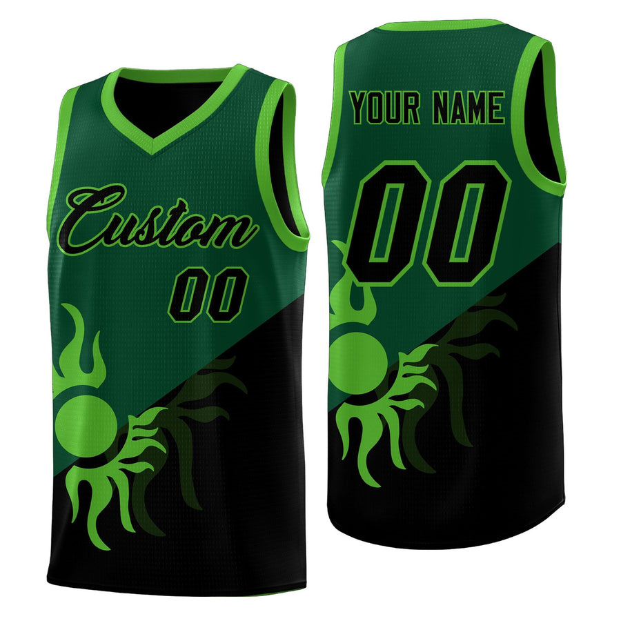 Custom Kelly Green Black Radiant Sun Design Two Tone Wrinkle-Resistant Uniform Basketball Jersey | BuyFootballJersey