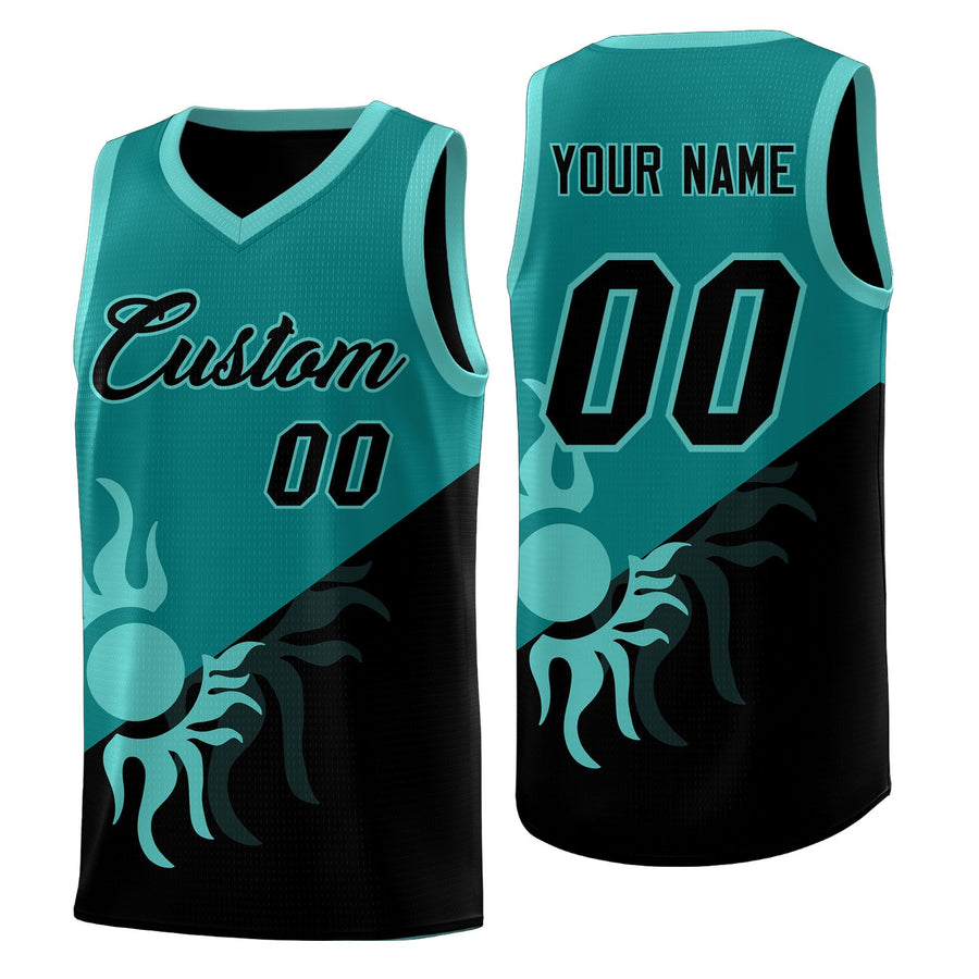 Custom Teal Black Sunburst Design Two Tone Drapable Uniform Basketball Jersey | BuyFootballJersey