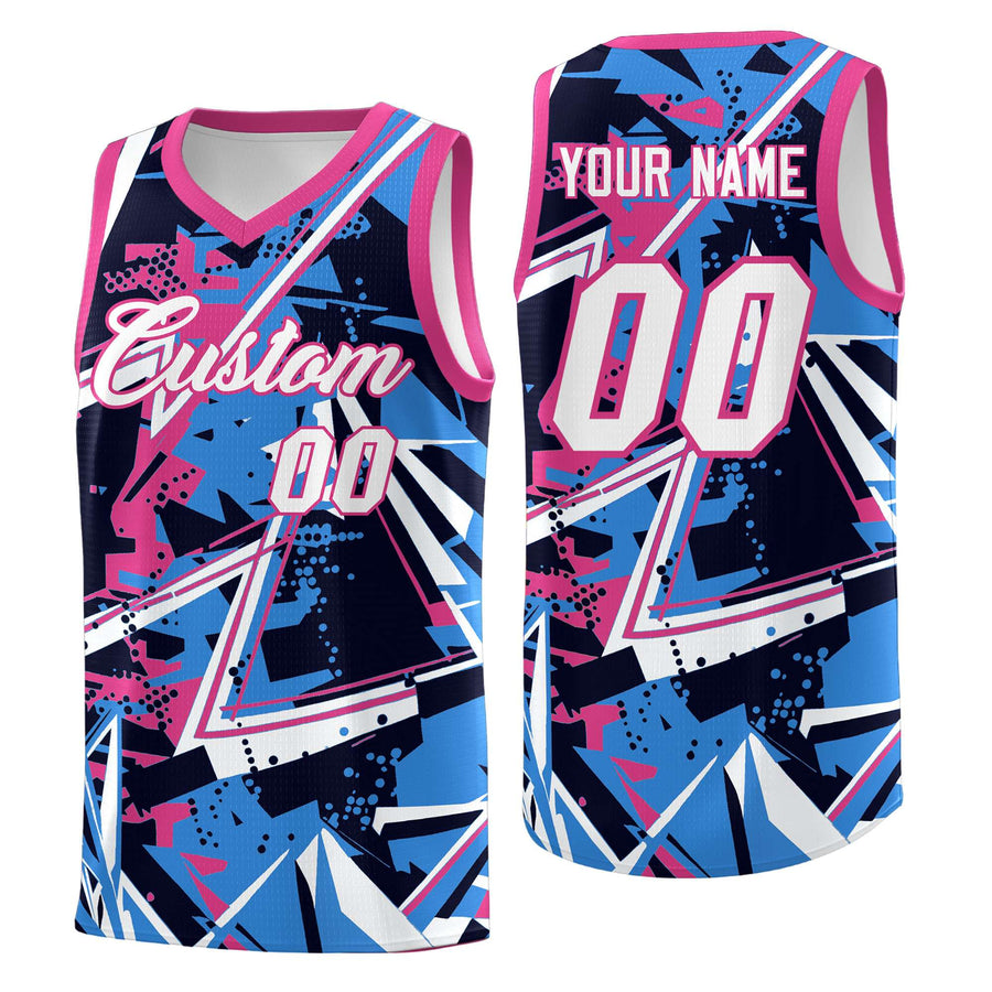 Custom Light Blue Pink Abstract Graffiti Design Breathable Uniform Basketball Jersey | BuyFootballJersey