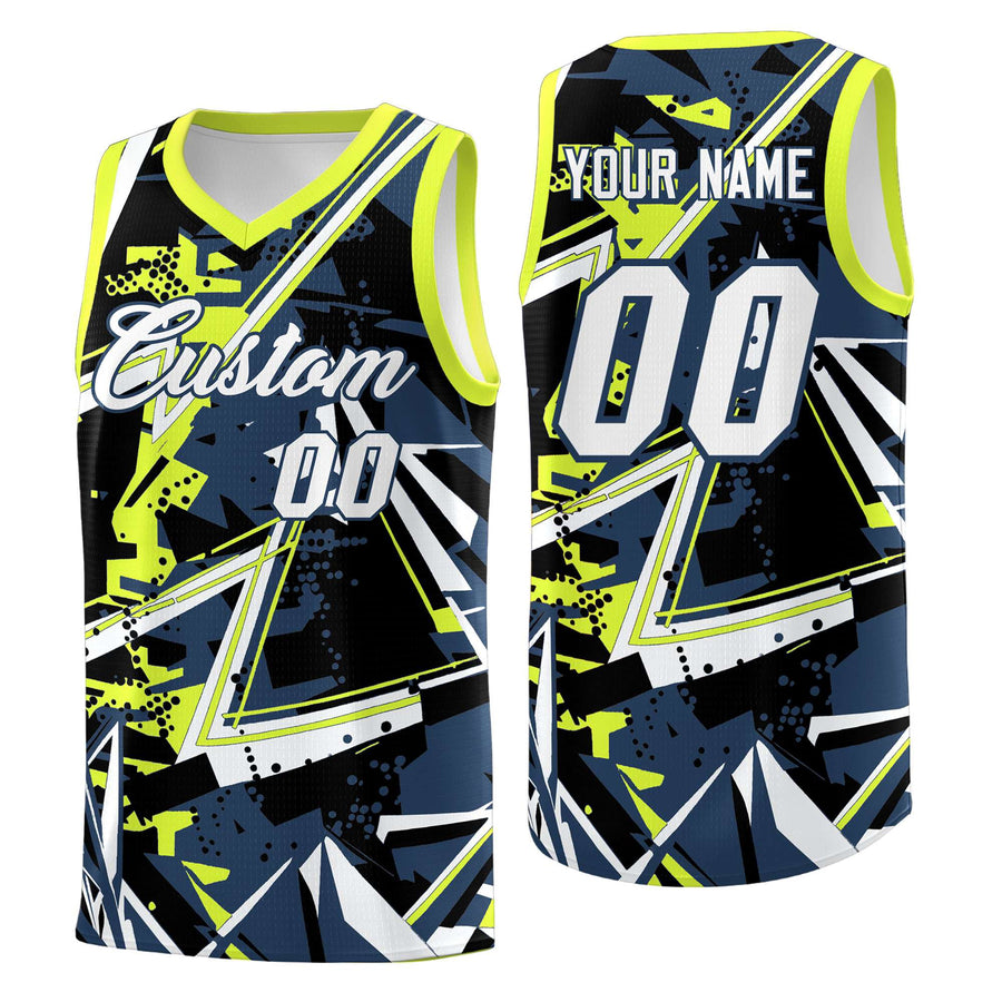 Custom Midnight Blue Fluorescent Green Abstract Graffiti Design Drapable Uniform Basketball Jersey | BuyFootballJersey