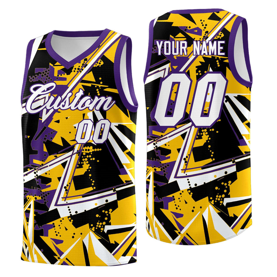 Custom Yellow Purple Abstract Graffiti Graphic Sublimation Printing Uniform Basketball Jersey | BuyFootballJersey