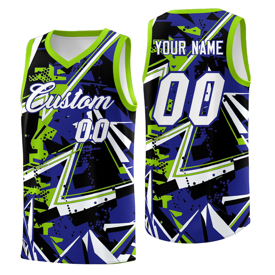 Custom Royal Neon Green Abstract Graffiti Design Drapable Uniform Basketball Jersey | BuyFootballJersey