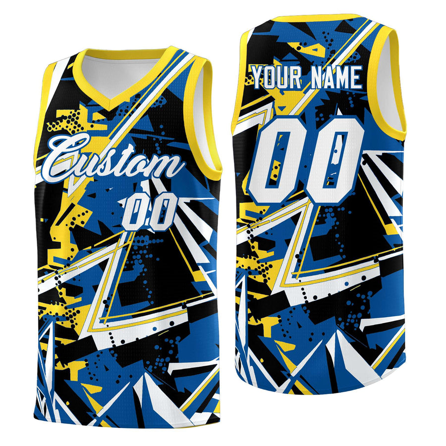 Custom Royal Gold Abstract Graffiti Graphic Sublimation Printing Uniform Basketball Jersey | BuyFootballJersey