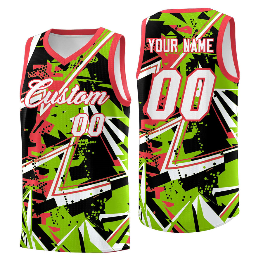 Custom Neon Green Light Red Abstract Graffiti Design Breathable Uniform Basketball Jersey | BuyFootballJersey