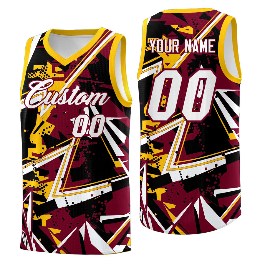 Custom Crimson Yellow Abstract Graffiti Design Drapable Uniform Basketball Jersey | BuyFootballJersey