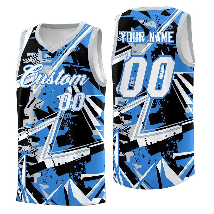 Custom Light Blue Silver Abstract Graffiti Graphic Sublimation Printing Uniform Basketball Jersey | BuyFootballJersey