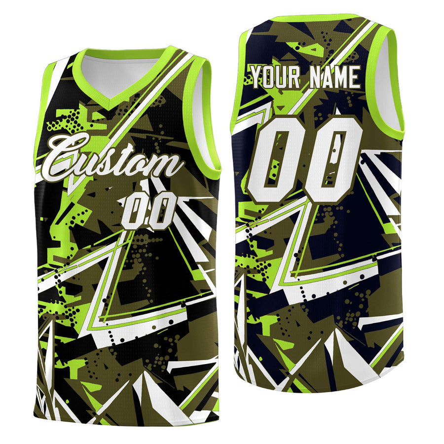 Custom Olive Neon Green Abstract Graffiti Design Breathable Uniform Basketball Jersey | BuyFootballJersey