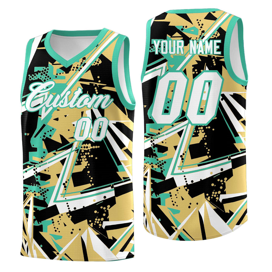 Custom Old Gold Bright Green Abstract Graffiti Graphic Wrinkle-Resistant Uniform Basketball Jersey | BuyFootballJersey