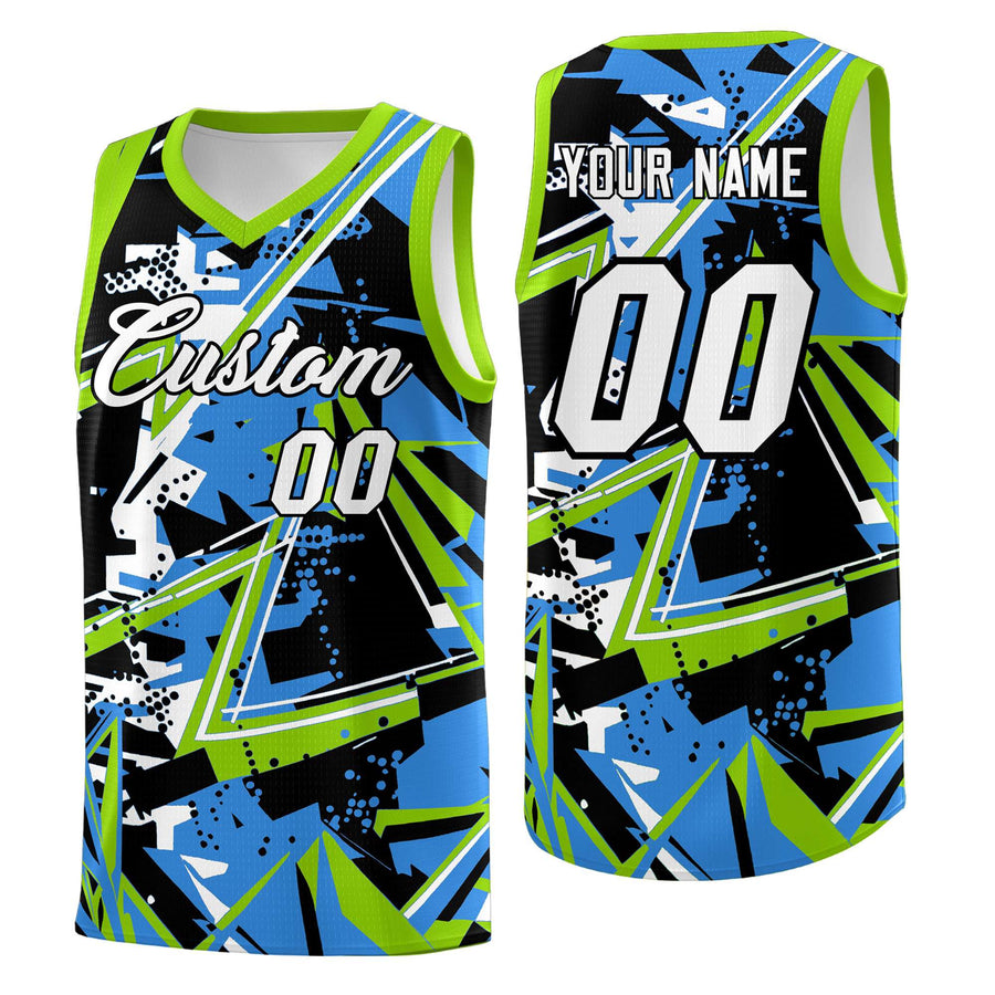 Custom Light Blue Neon Green Abstract Graffiti Design Breathable Uniform Basketball Jersey | BuyFootballJersey