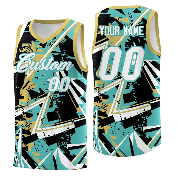 Custom Teal Old Gold Abstract Graffiti Graphic Wrinkle-Resistant Uniform Basketball Jersey | BuyFootballJersey