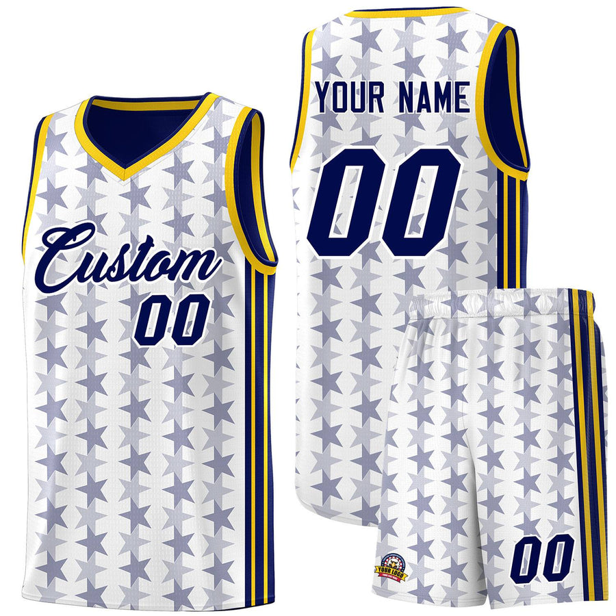 Custom White Navy Star Graffiti Pattern Sets Sports Uniform Basketball Jersey | BuyFootballJersey