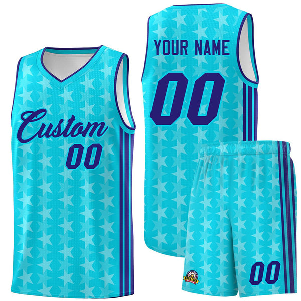 Custom Sky Blue White Star Graffiti Pattern Sets Sports Uniform Basketball Jersey | BuyFootballJersey