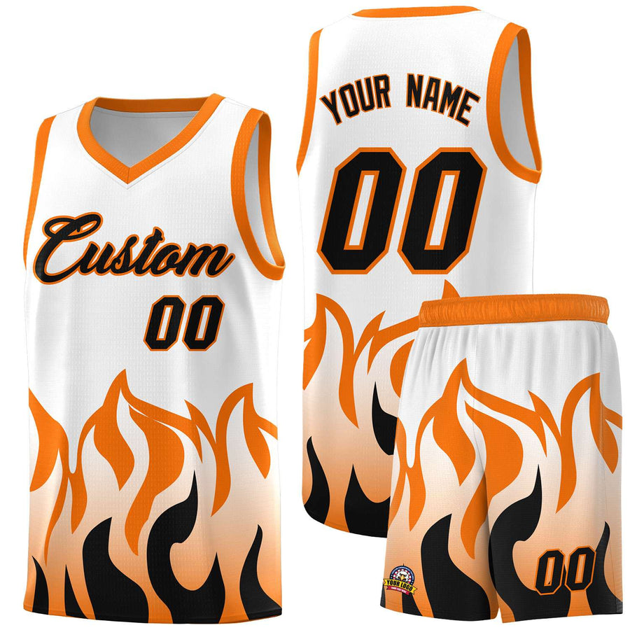 Custom White Orange Hem Flame Pattern Fashion Sports Uniform Basketball jersey | BuyFootballJersey