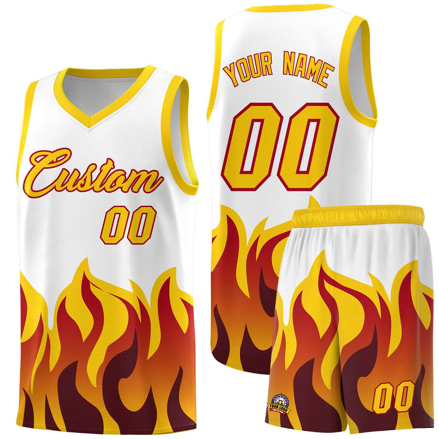 Custom White Gold Hem Flame Pattern Fashion Sports Uniform Basketball jersey | BuyFootballJersey