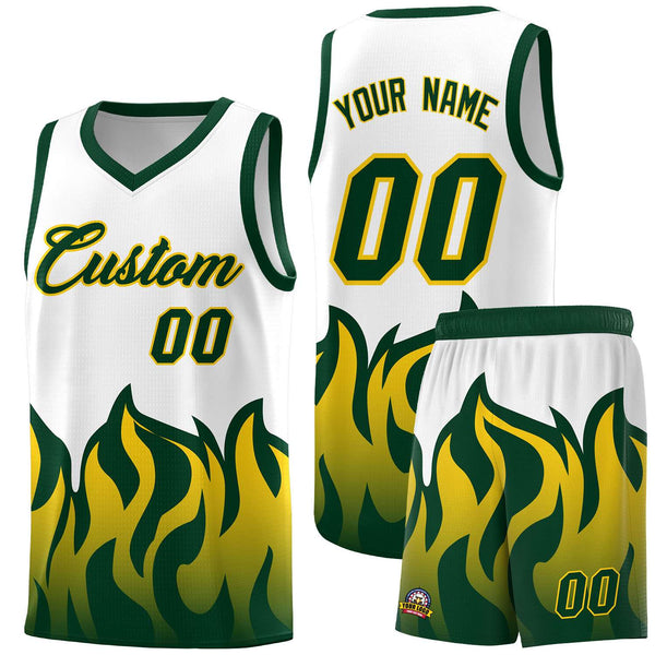 Custom White Hunter Green Hem Flame Pattern Fashion Sports Uniform Basketball jersey | BuyFootballJersey