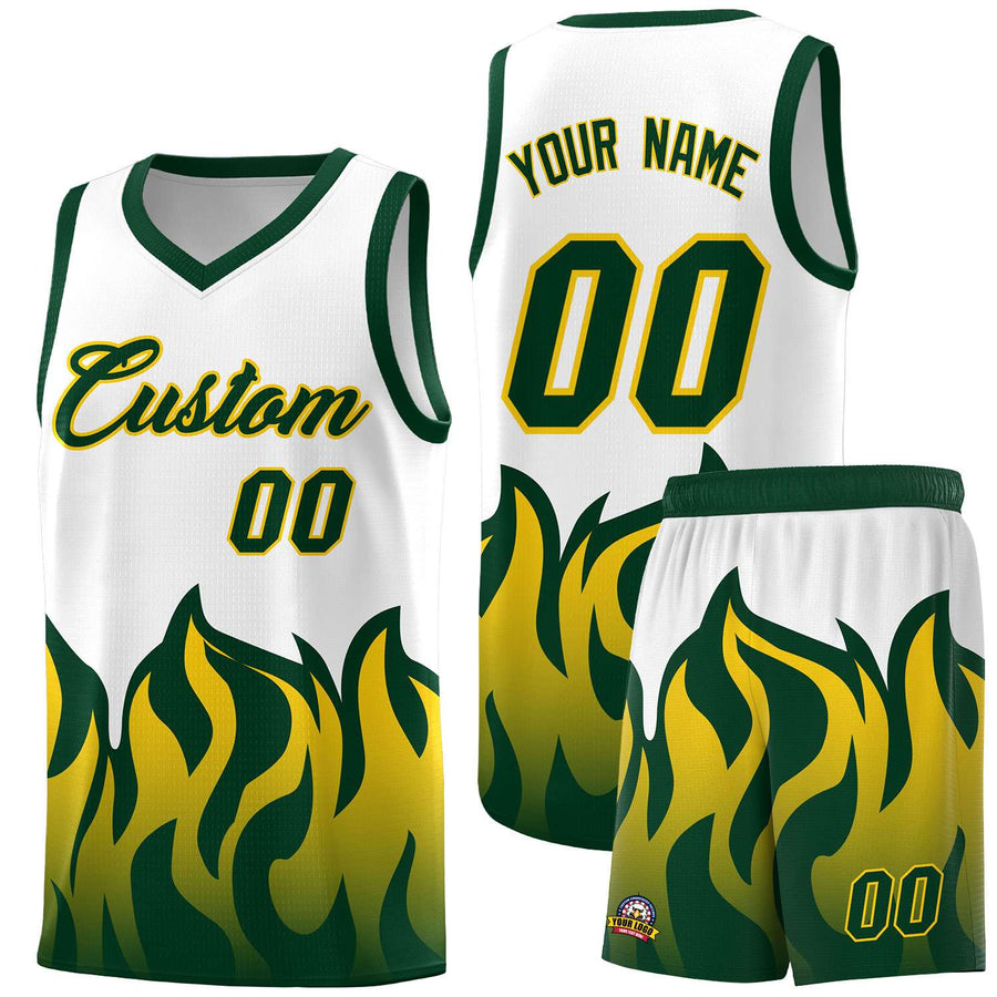 Custom White Hunter Green Hem Flame Pattern Fashion Sports Uniform Basketball jersey | BuyFootballJersey