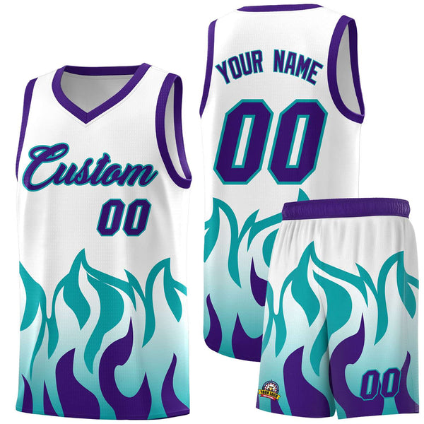 Custom White Aqua Hem Flame Pattern Fashion Sports Uniform Basketball jersey | BuyFootballJersey