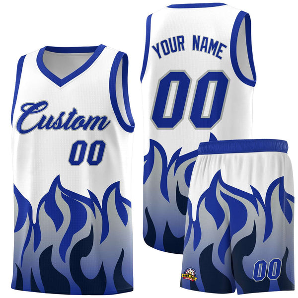 Custom White Royal Hem Flame Pattern Fashion Sports Uniform Basketball jersey | BuyFootballJersey