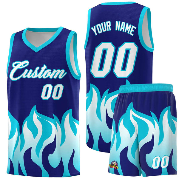 Custom Royal Sky Blue Hem Flame Pattern Fashion Sports Uniform Basketball jersey | BuyFootballJersey