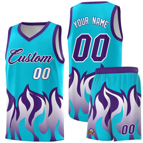 Custom Sky Blue Purple Hem Flame Pattern Fashion Sports Uniform Basketball jersey | BuyFootballJersey