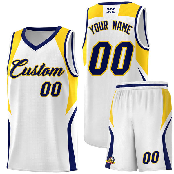 Custom White Navy and Gold Color Block Sports Uniform Basketball Jersey | BuyFootballJersey