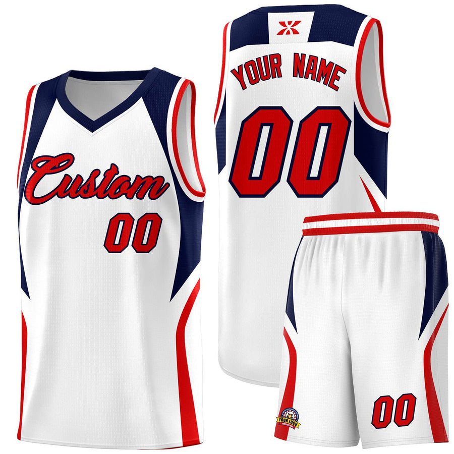 Custom White Navy and Red Color Block Sports Uniform Basketball Jersey | BuyFootballJersey