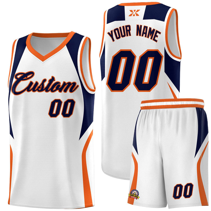 Custom White Navy and Orange Color Block Sports Uniform Basketball Jersey | BuyFootballJersey
