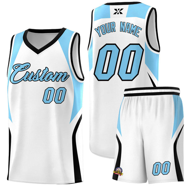 Custom White Light Blue and Black Color Block Sports Uniform Basketball Jersey | BuyFootballJersey
