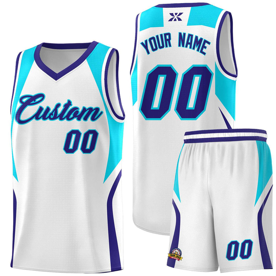 Custom White Sky Blue and Royal Color Block Sports Uniform Basketball Jersey | BuyFootballJersey