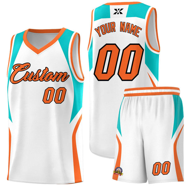 Custom White Aqua and Orange Color Block Sports Uniform Basketball Jersey | BuyFootballJersey