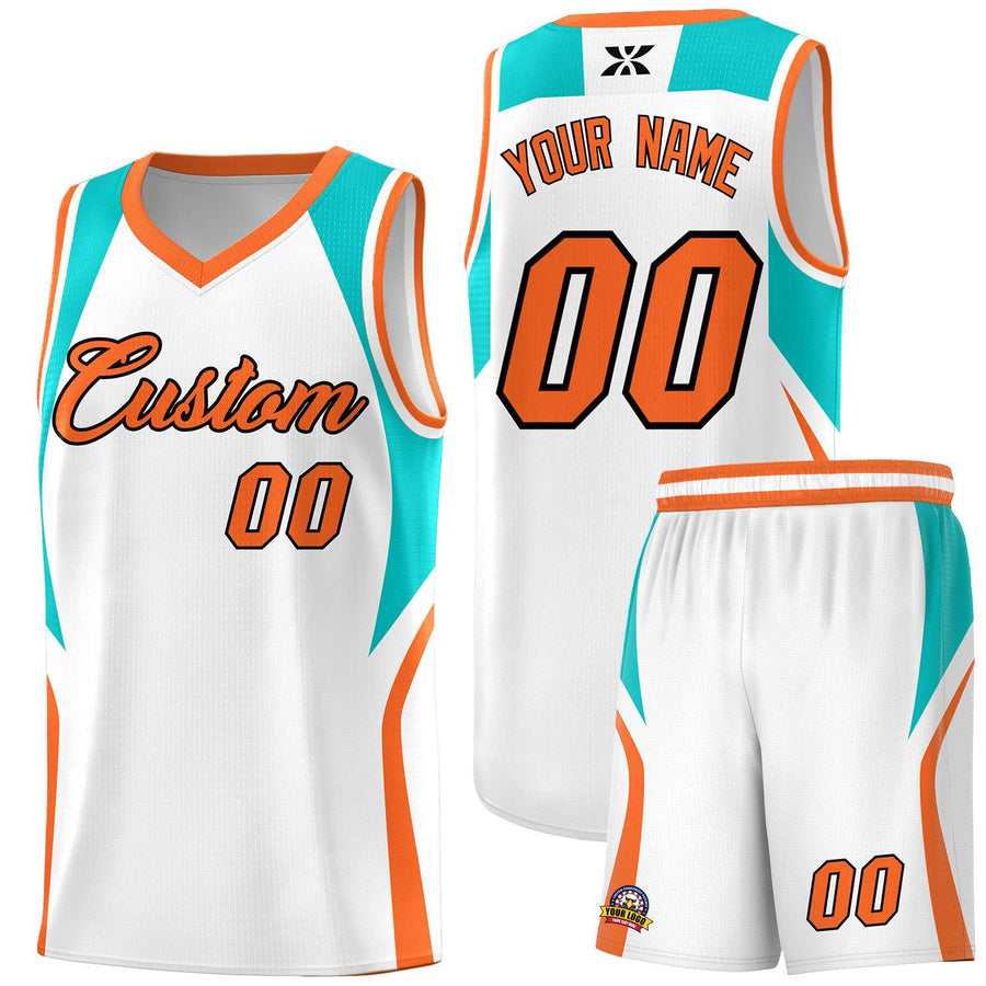 Custom White Aqua and Orange Color Block Sports Uniform Basketball Jersey | BuyFootballJersey