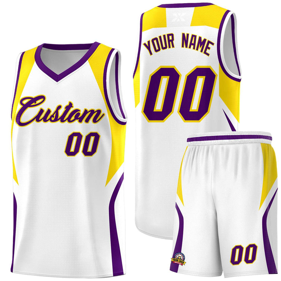 Custom White Gold and Purple Color Block Sports Uniform Basketball Jersey | BuyFootballJersey