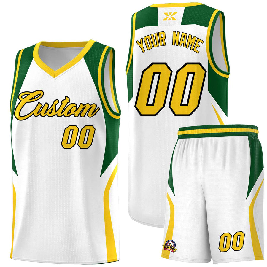 Custom White Hunter Green and Gold Color Block Sports Uniform Basketball Jersey | BuyFootballJersey
