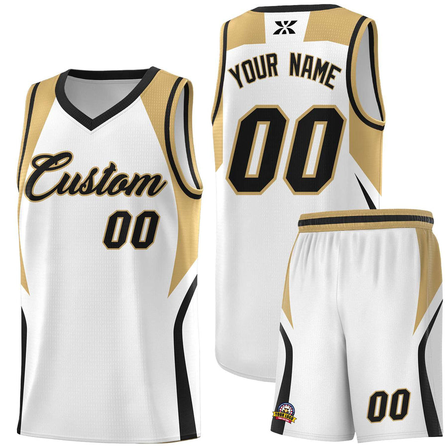 Custom White Old Gold and Black Color Block Sports Uniform Basketball Jersey | BuyFootballJersey
