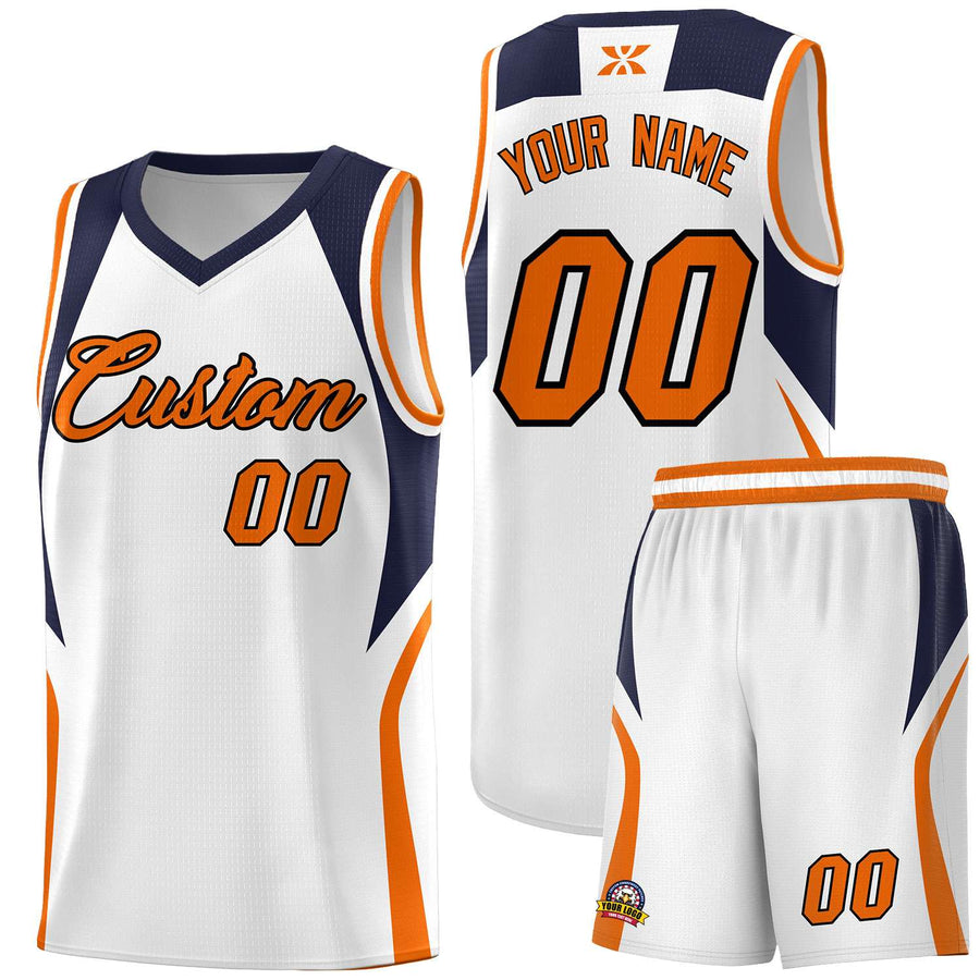 Custom White Navy and Orange Color Block Sports Uniform Basketball Jersey | BuyFootballJersey