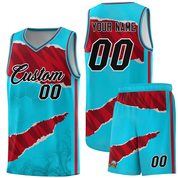 Custom Sky Blue Red-Black Tear Graffiti Pattern Sports Uniform Basketball Jersey | BuyFootballJersey