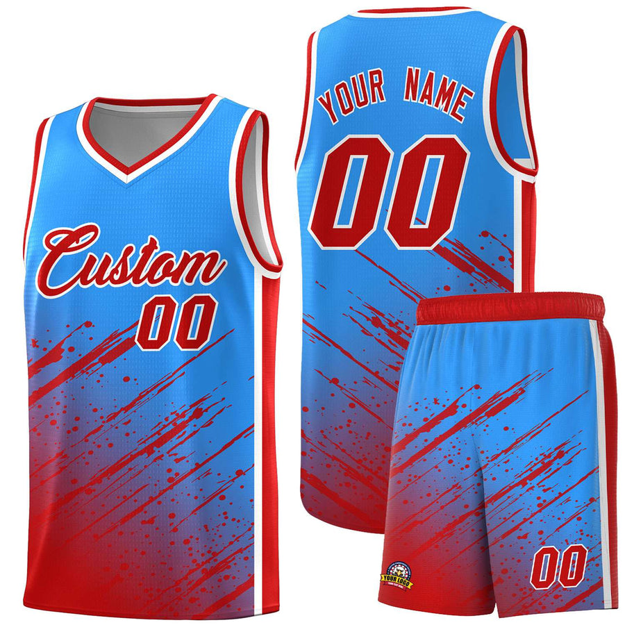 Custom Powder Blue Red Splash Basketball Uniforms - Durable for School | BuyFootballJersey