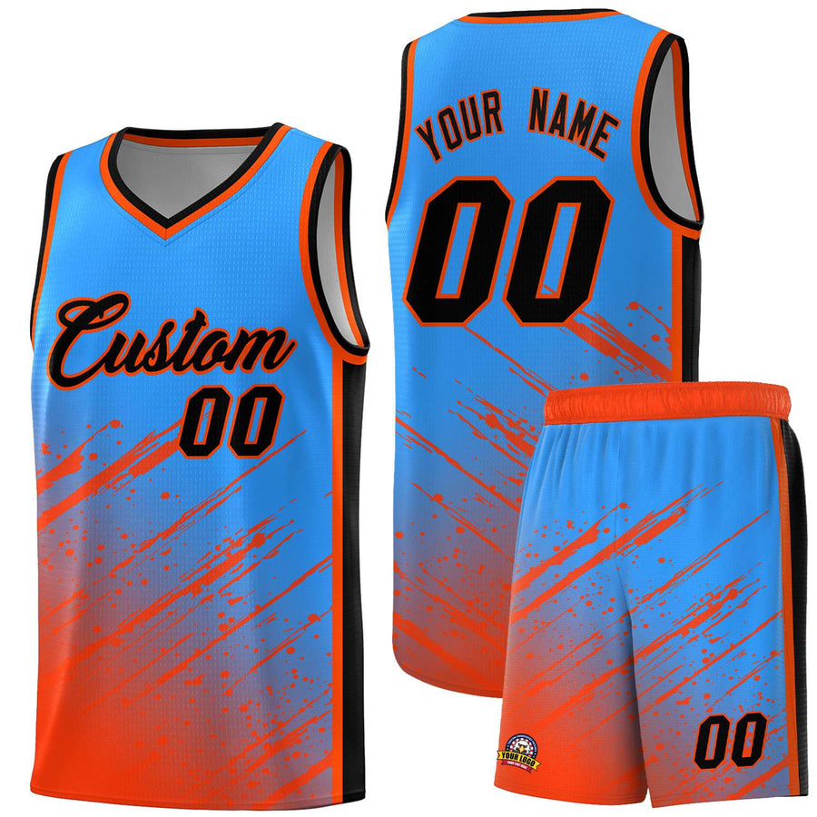Custom Powder Blue Orange Splash Basketball Uniforms - Durable for Practice | BuyFootballJersey