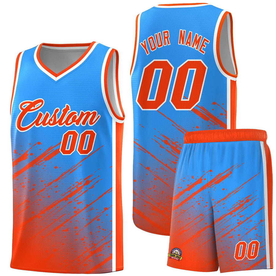 Custom Powder Blue Orange Splash Basketball Uniforms - High Quality for Match | BuyFootballJersey