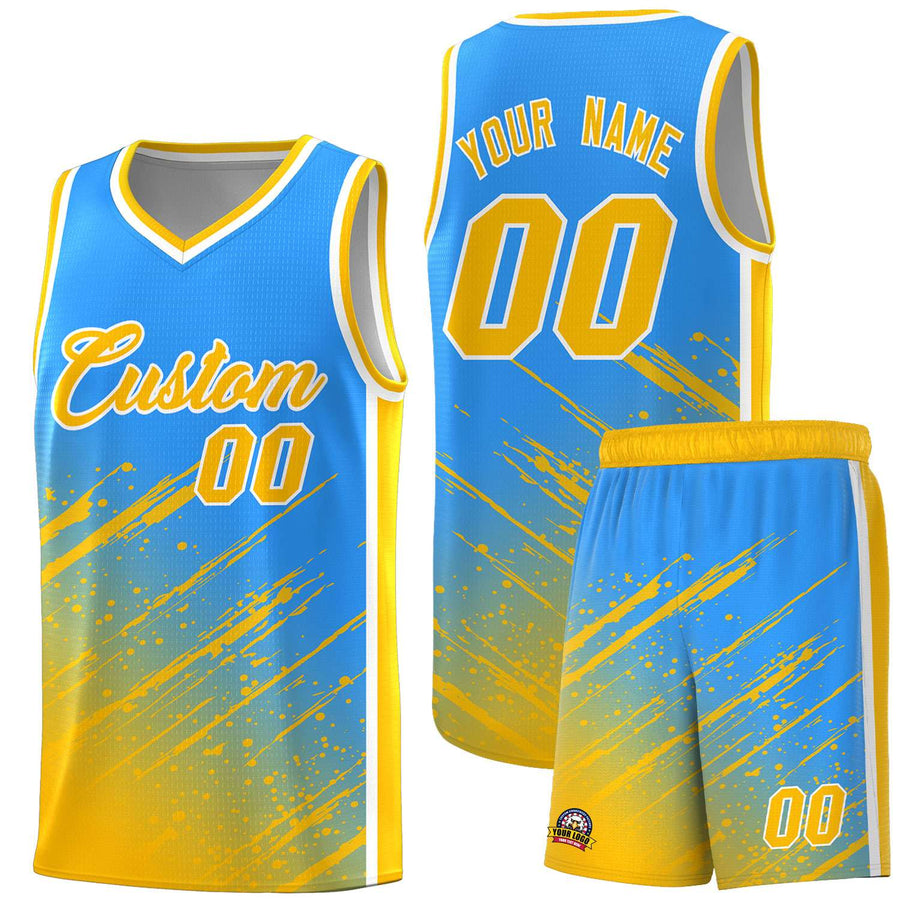 Custom Powder Blue Yellow Splash Basketball Uniforms - Durable for School | BuyFootballJersey
