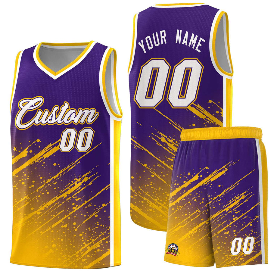 Custom Purple Yellow Splash Basketball Uniforms - High Quality for Summer Camp | BuyFootballJersey