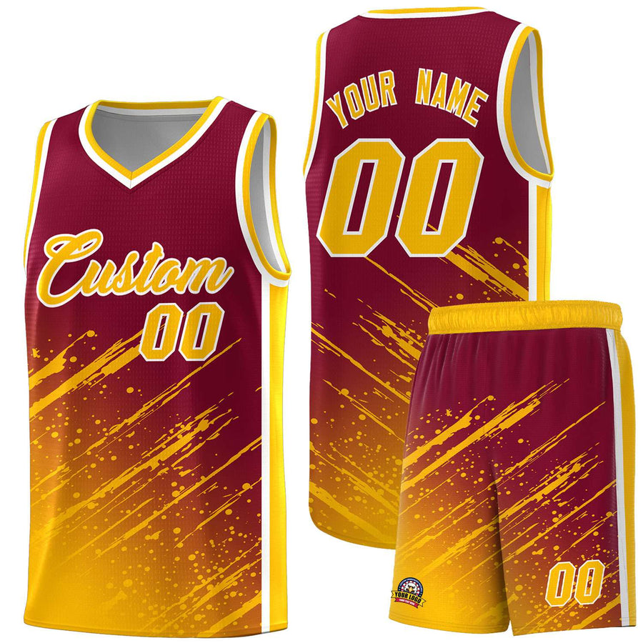 Custom Crimson Yellow Splash Basketball Uniforms - Quick dry for Practice | BuyFootballJersey