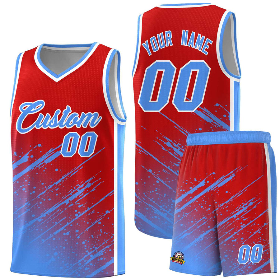 Custom Red Powder Blue Splash Basketball Uniforms - Comfortable for Team | BuyFootballJersey