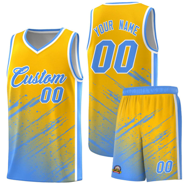 Custom Yellow Powder Blue Splash Basketball Uniforms - Moisture Wicking for Summer Camp | BuyFootballJersey