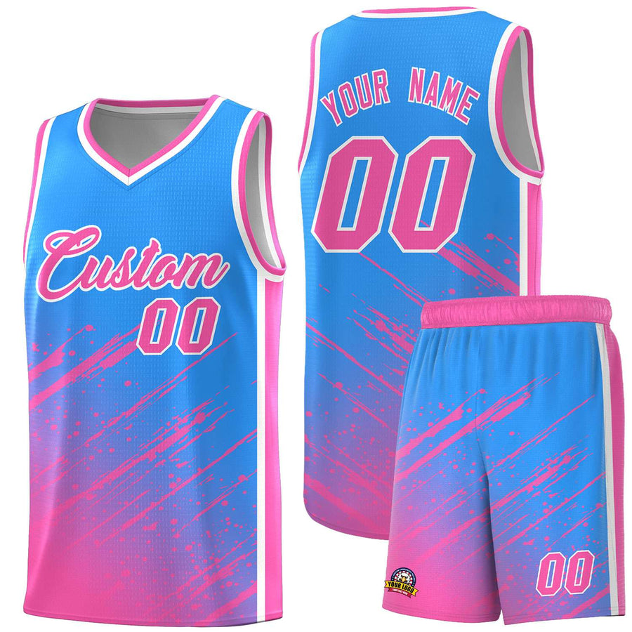 Custom Powder Blue Pink Splash Basketball Uniforms - High Quality for Summer Camp | BuyFootballJersey