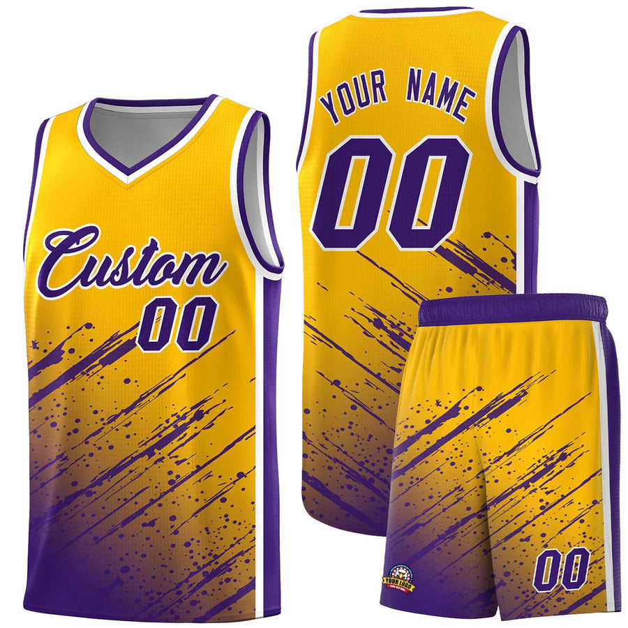 Custom Yellow Purple Splash Basketball Uniforms - Breathable for Training | BuyFootballJersey
