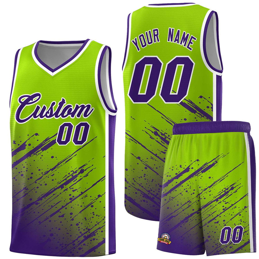 Custom Neon Green Purple Splash Basketball Uniforms - Breathable Mesh for Team | BuyFootballJersey