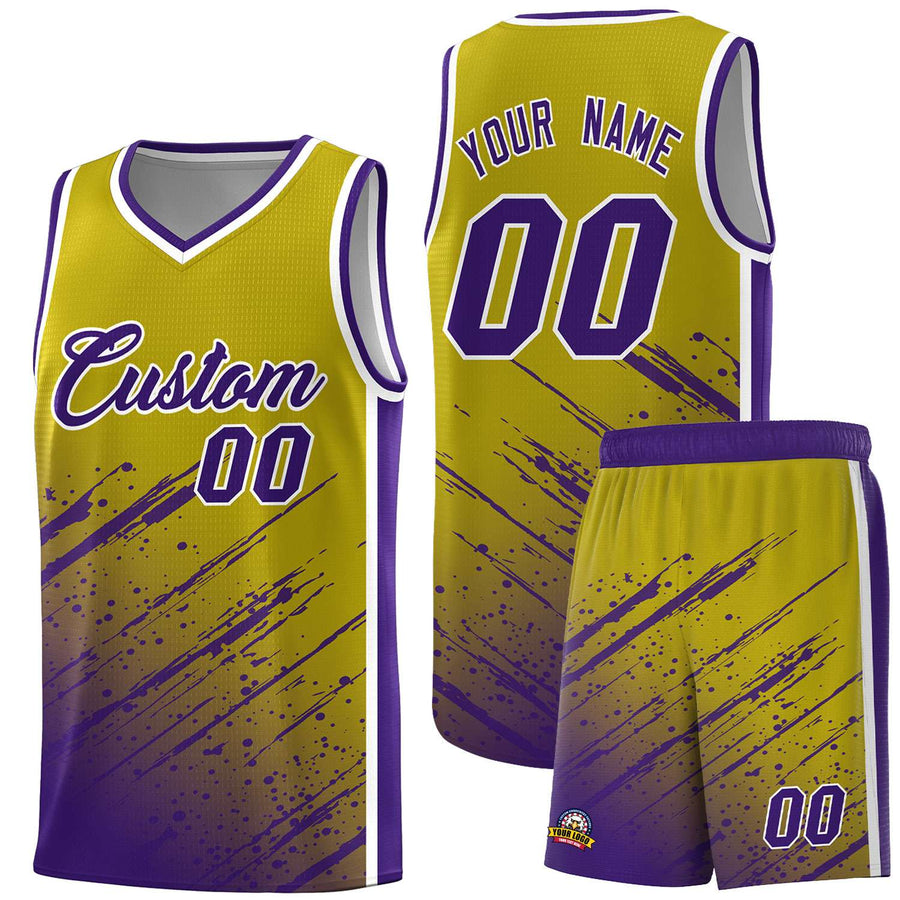 Custom Old Gold Purple Splash Basketball Uniforms - Quick dry for School | BuyFootballJersey