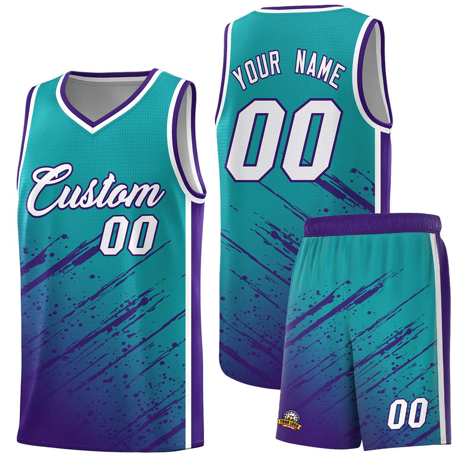 Custom Aqua Purple Splash Basketball Uniforms - Stretchy for Summer Camp | BuyFootballJersey